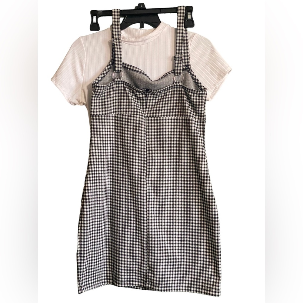 Women’s Bozzolo Ribbed Turtle Neck T Shirt and Good Luck Gem Overall Mini Dress